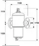 IMI Hydronic Engineering Produktabbildung eines vertikalen Abscheiders mit Flanschanschluss, ausgestattet mit Anschlussventilen und klaren Abmessungen.